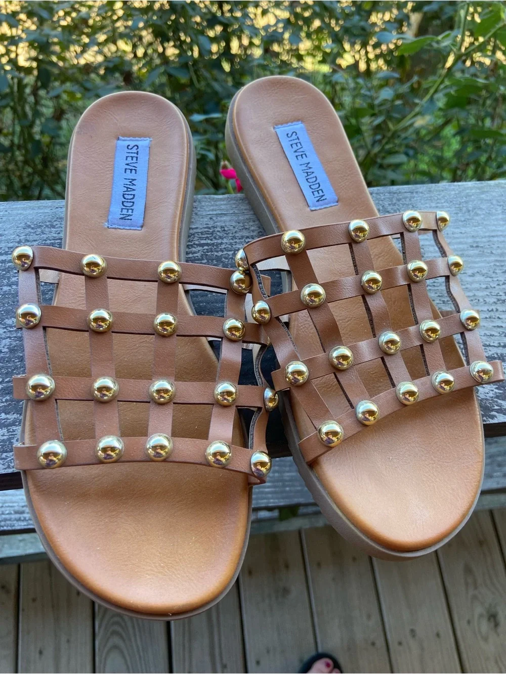 Steve Madden Brown Leather Studded Woven Slide Sandals